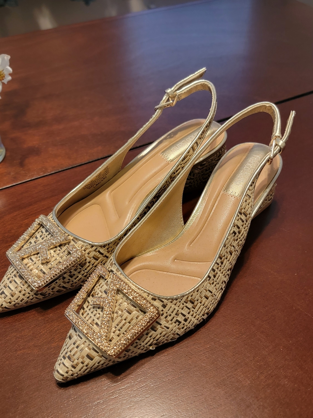 Franco Sarto Gold Woven Slingback Mules with Decorative Buckle